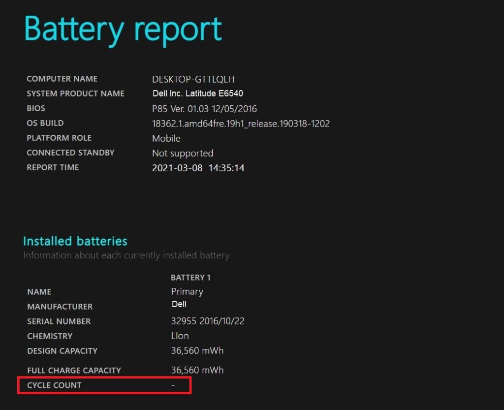 Check Battery Cycle Count on your Windows 10 Notebook